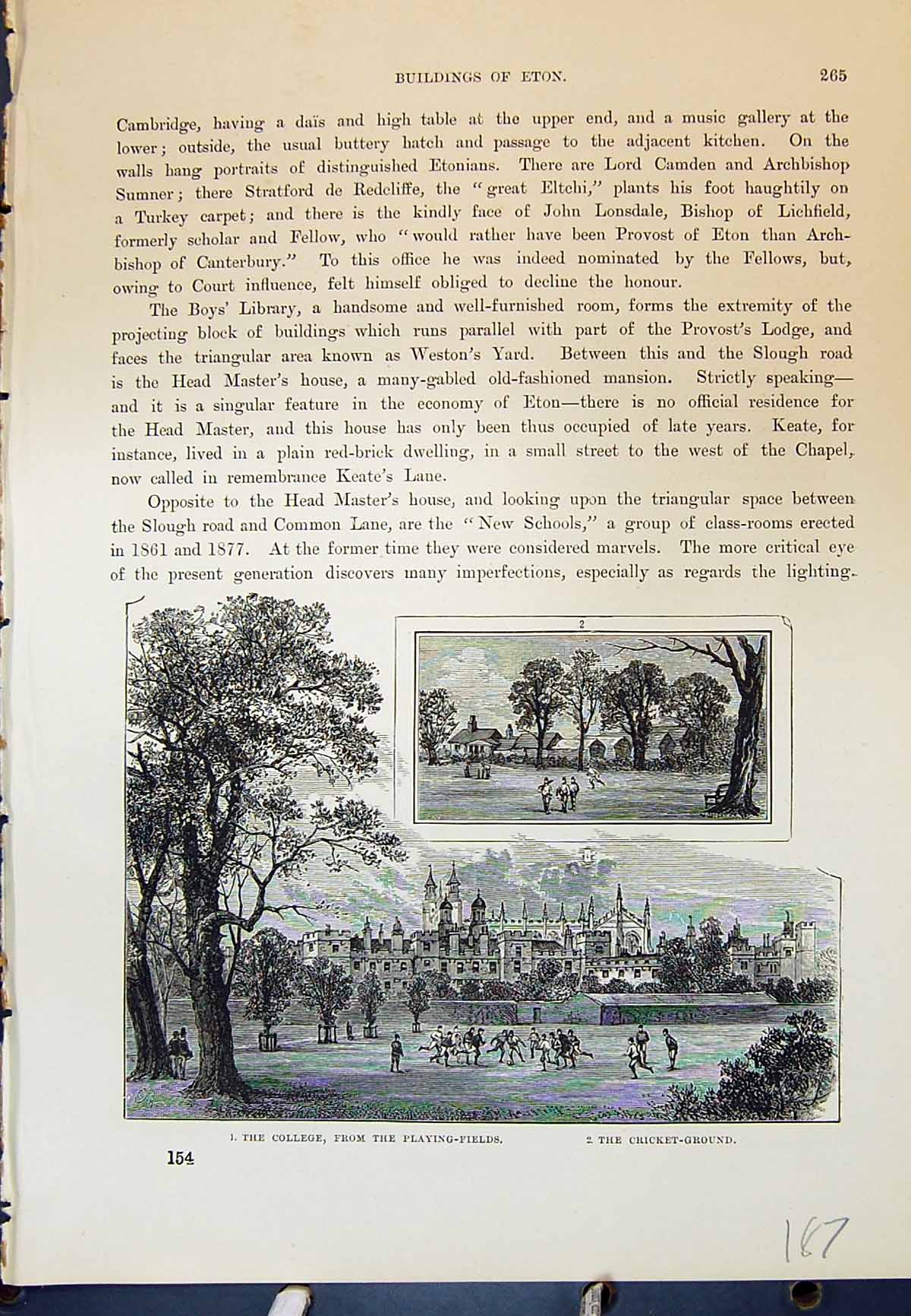 Antique Old Print Eton College Playing Fields Cricket Ground Cassell C1882 19th