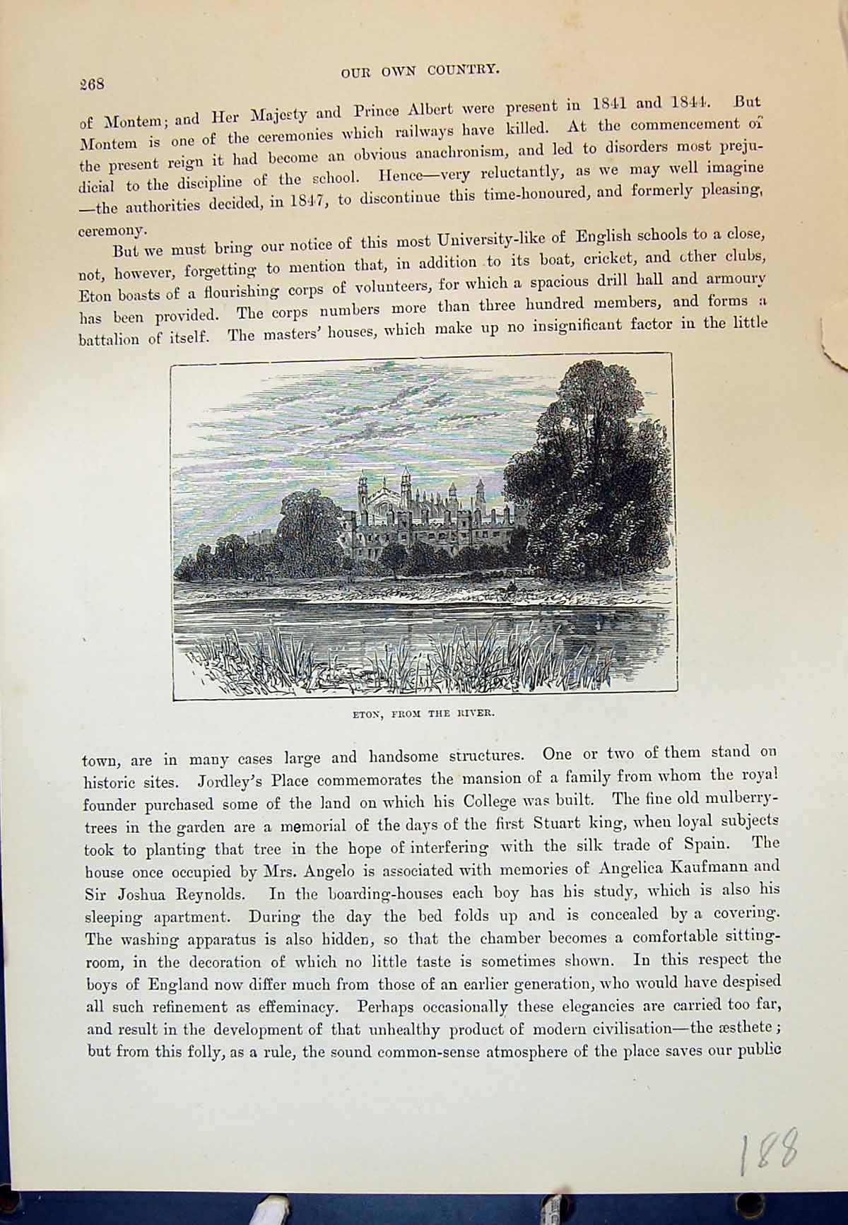 Original Old Antique Print Eton College River Architecture Cassell C1882 19th