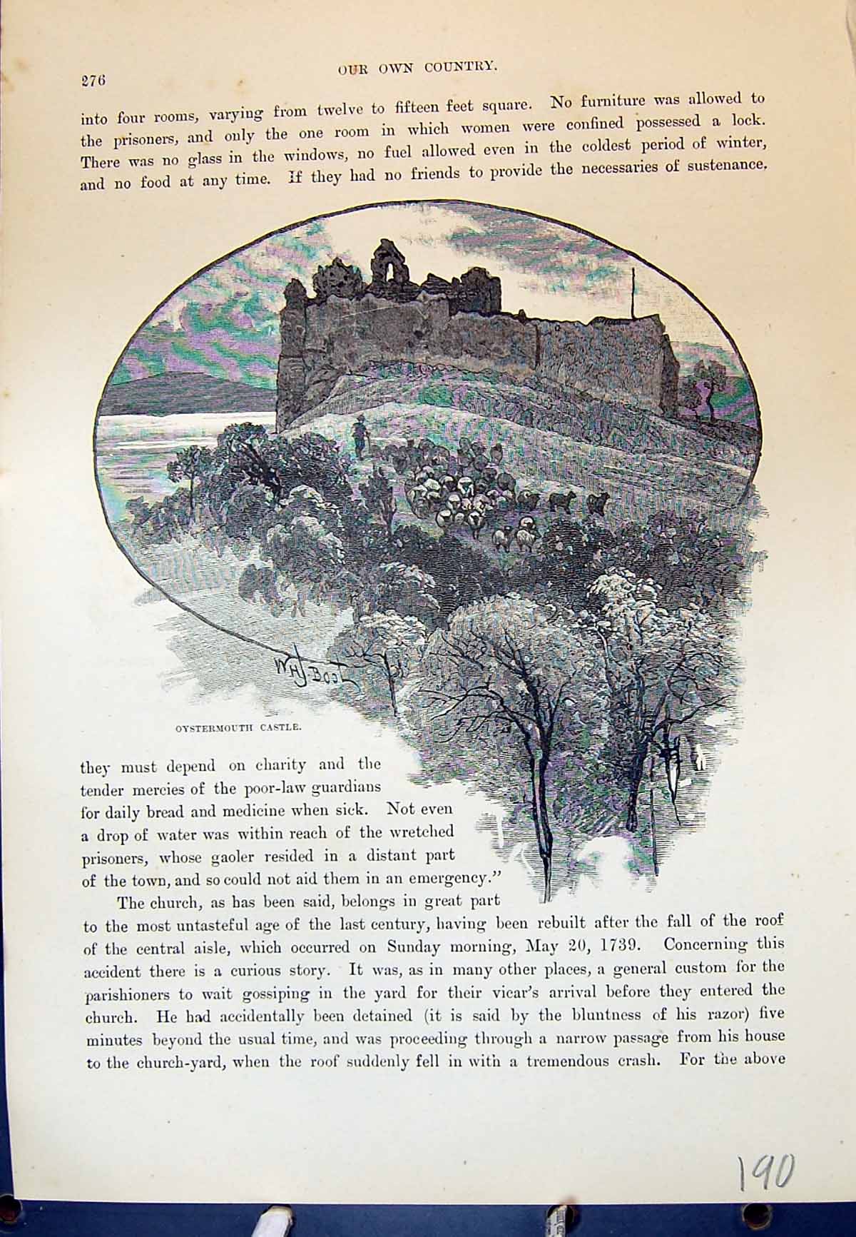 Original Old Antique Print Oystermouth Castle Ruins Sheep Cassell C1882 19th