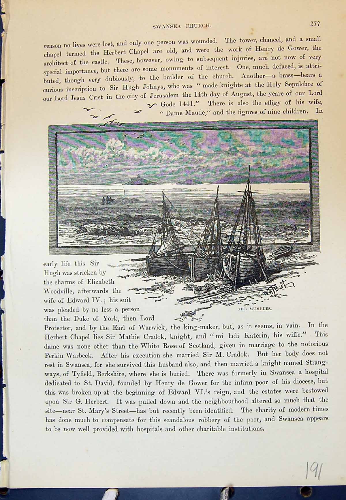 Original Old Antique Print Mumbles Swansea Sea Boats Cassell C1882 Victorian