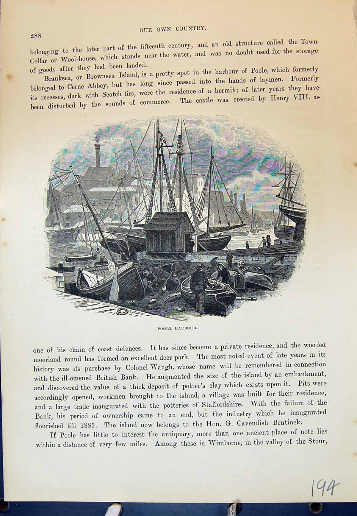 Original Old Antique Print Poole Harbour Ships Boats England Cassell C1882 19th