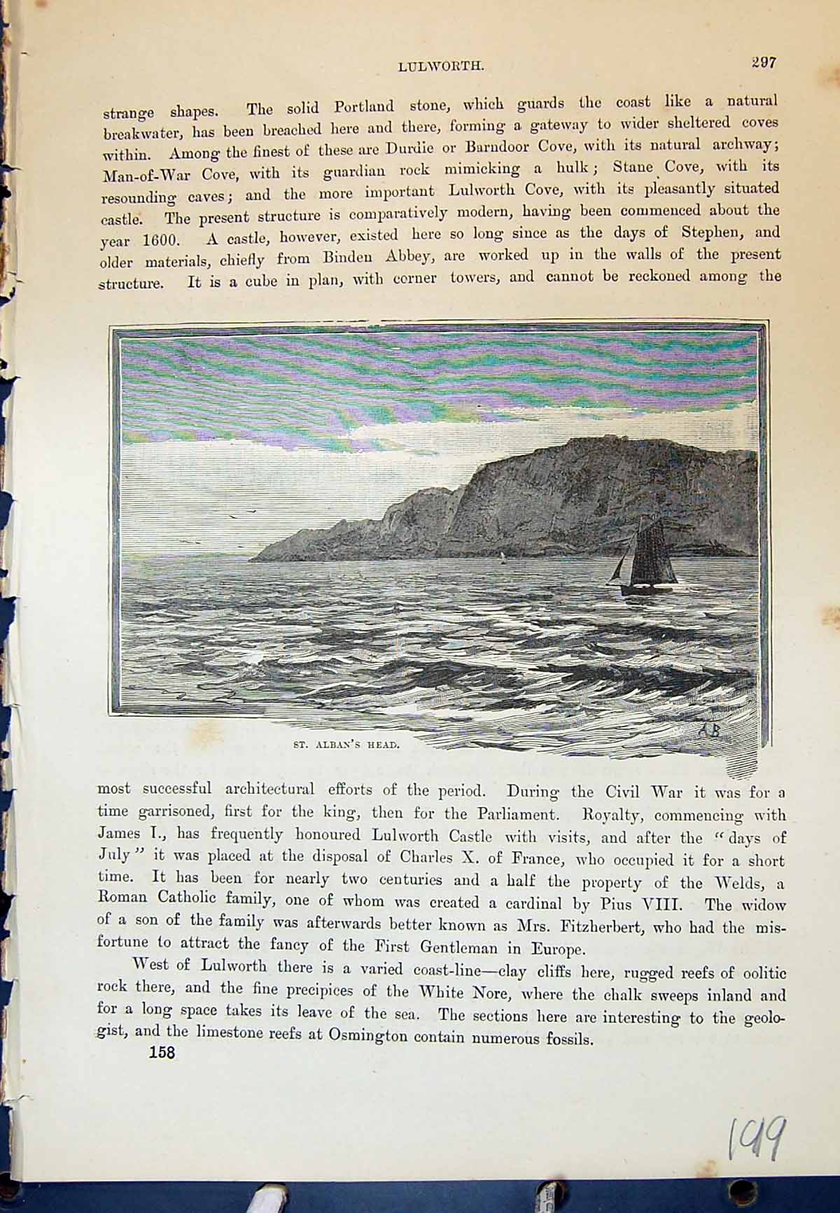 Original Old Antique Print St. Alban'S Head Sailing Boat Cassell C1882 19th