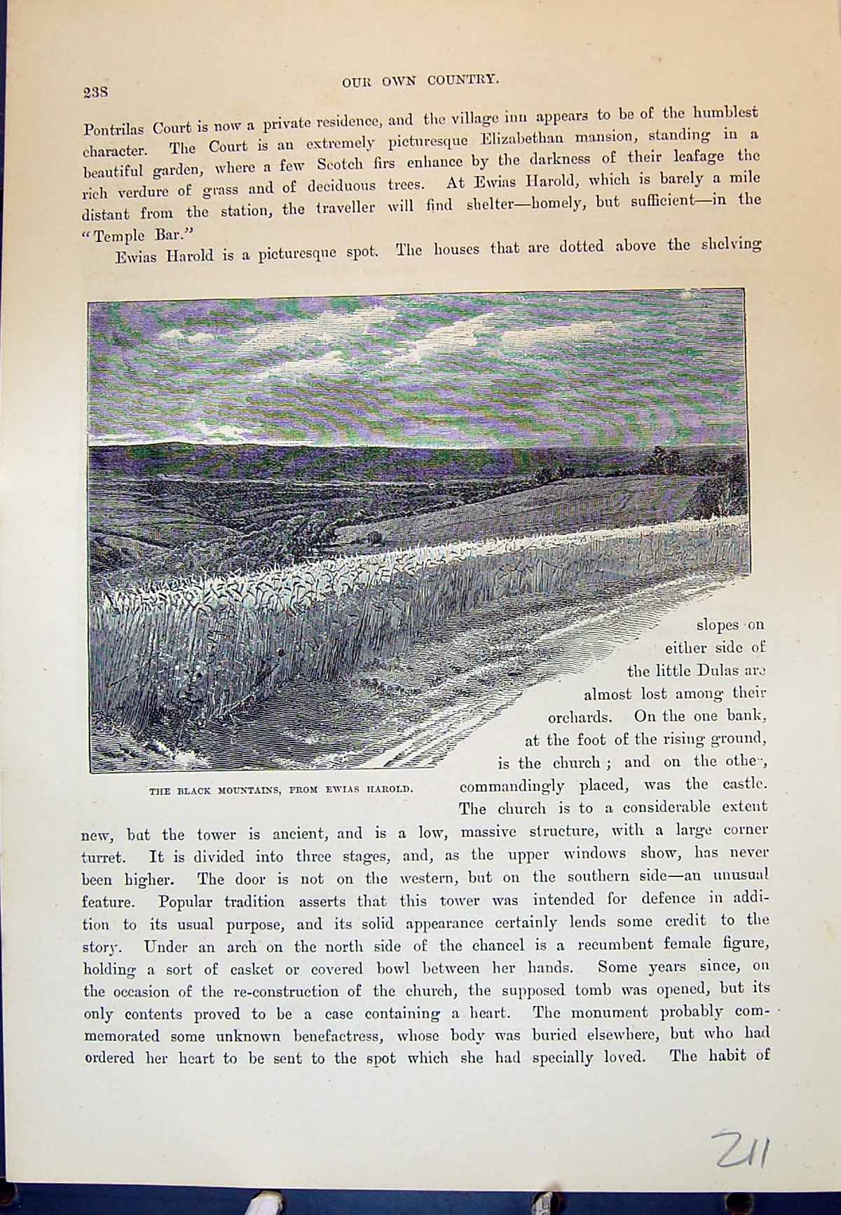 Old Antique Print Black Mountains Ewias HarPontrilas Court Cassell C1882 19th