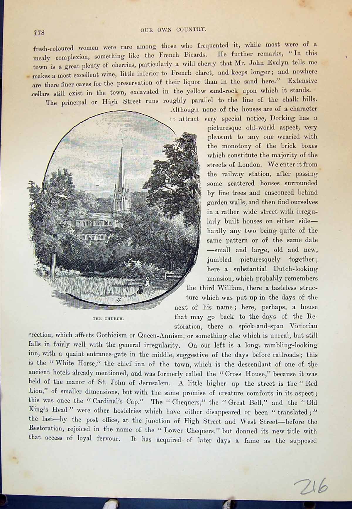 Original Old Antique Print Church High Street Dorking England Cassell C1882