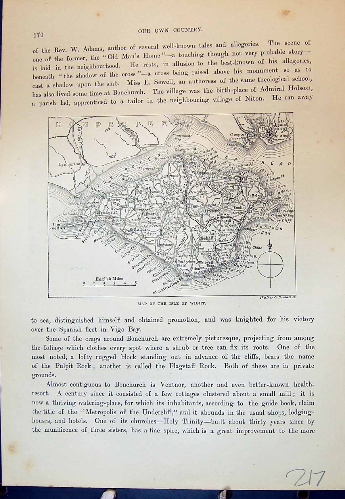Original Old Antique Print Map Isle Wight Solent Shanklin China Cassell C1882