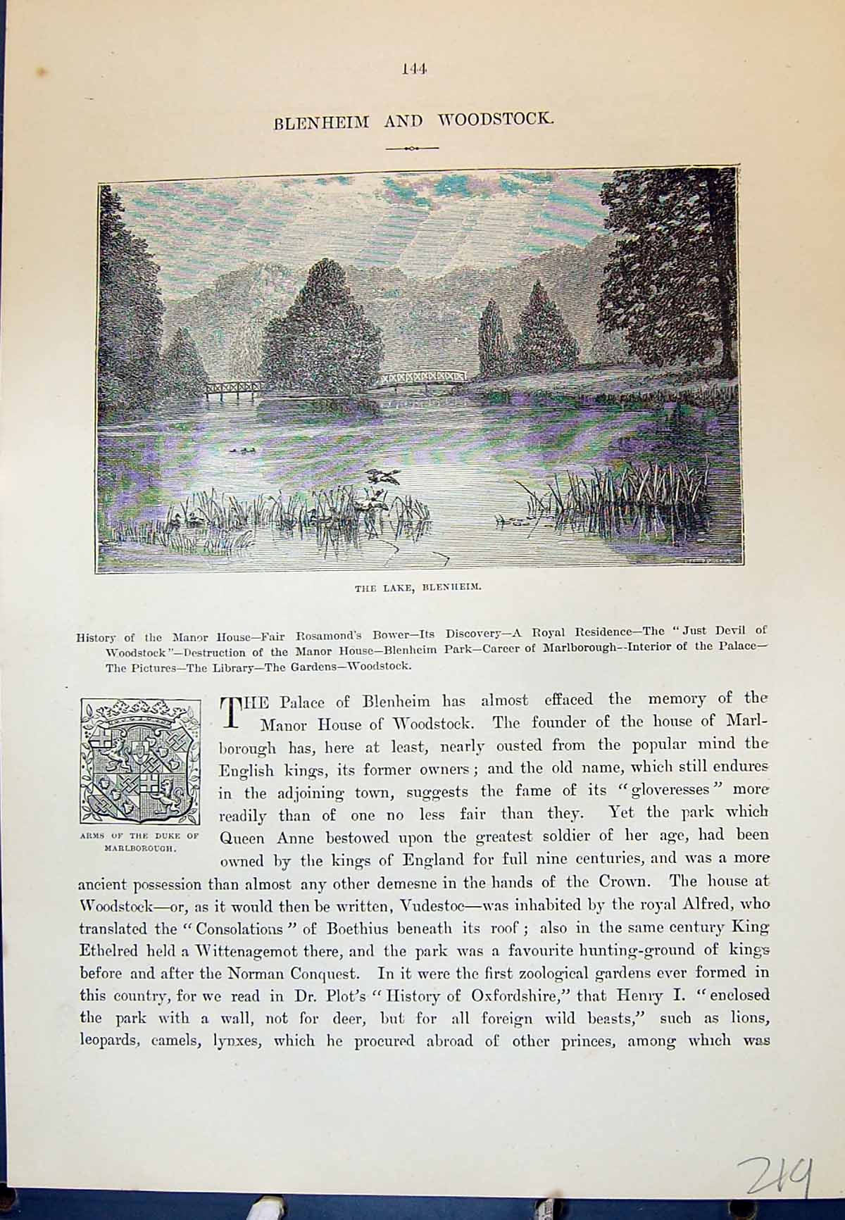 Old Lake Blenheim Arms Duke Marlborough Fountains Abbey Cassell C1882 19th