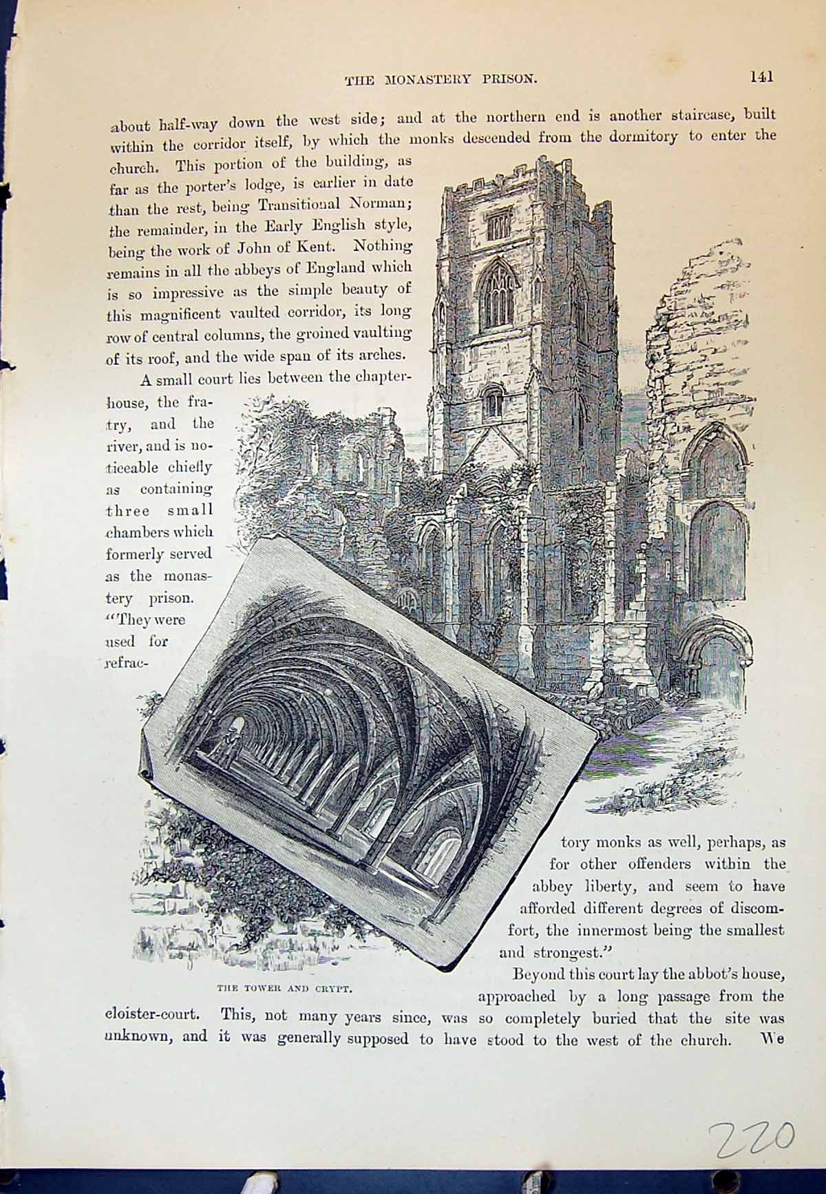 Old Tower Crypt Monastery Prison Plan Fountains Abbey Cassell C1882Victorian