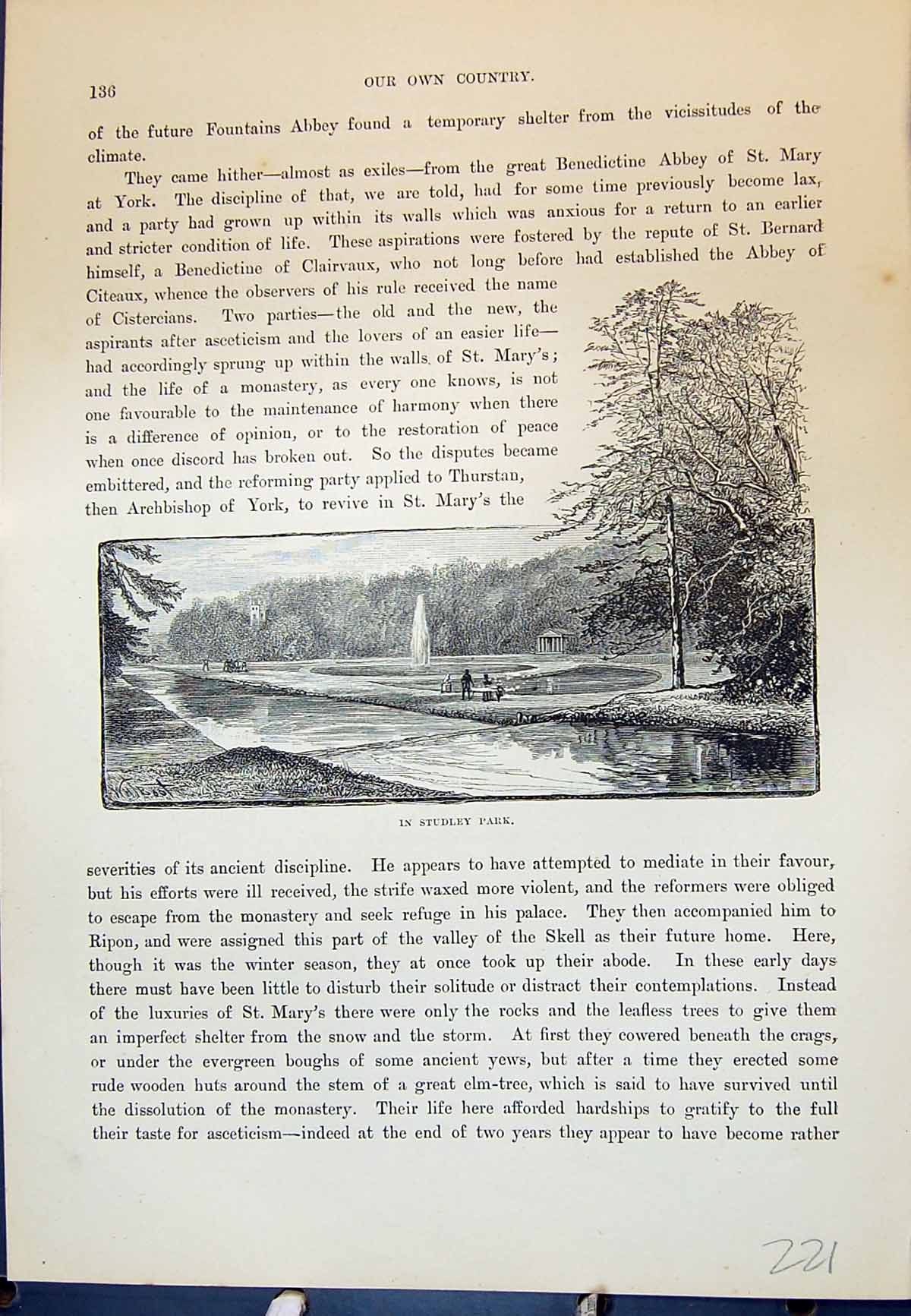 Antique Old Print Studley Park Impression Seal Fountains Abbey Cassell C1882