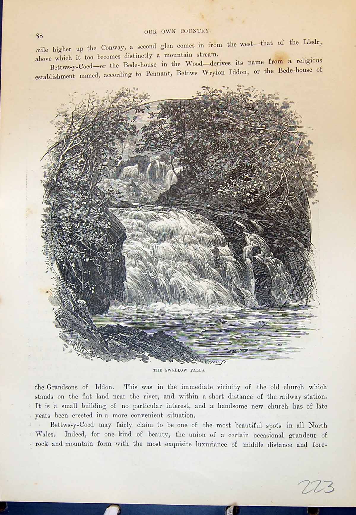 Original Old Antique Print Swallow Falls River Llanrwst Bridge Cassell C1882