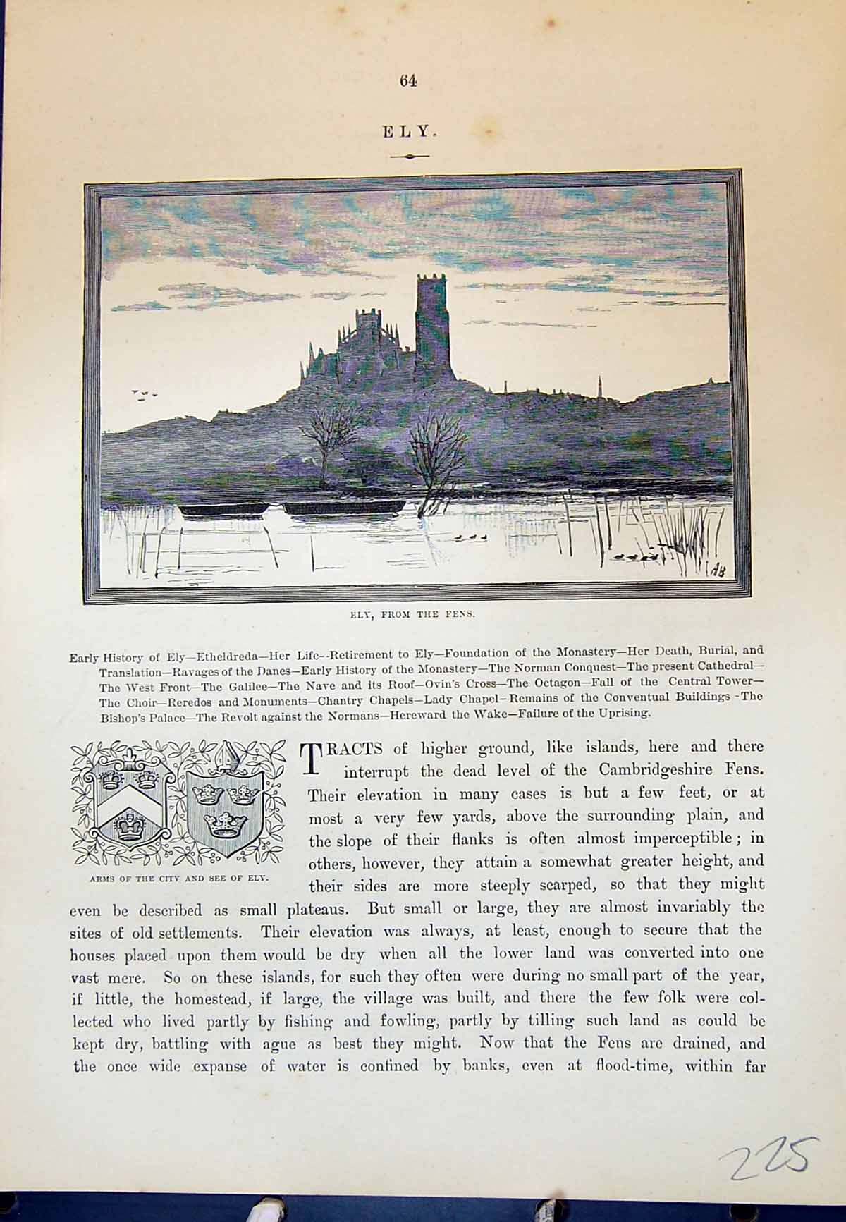 Antique Old Print Ely Fens Arms Quarry Walk Man Fishing River Cassell C1882