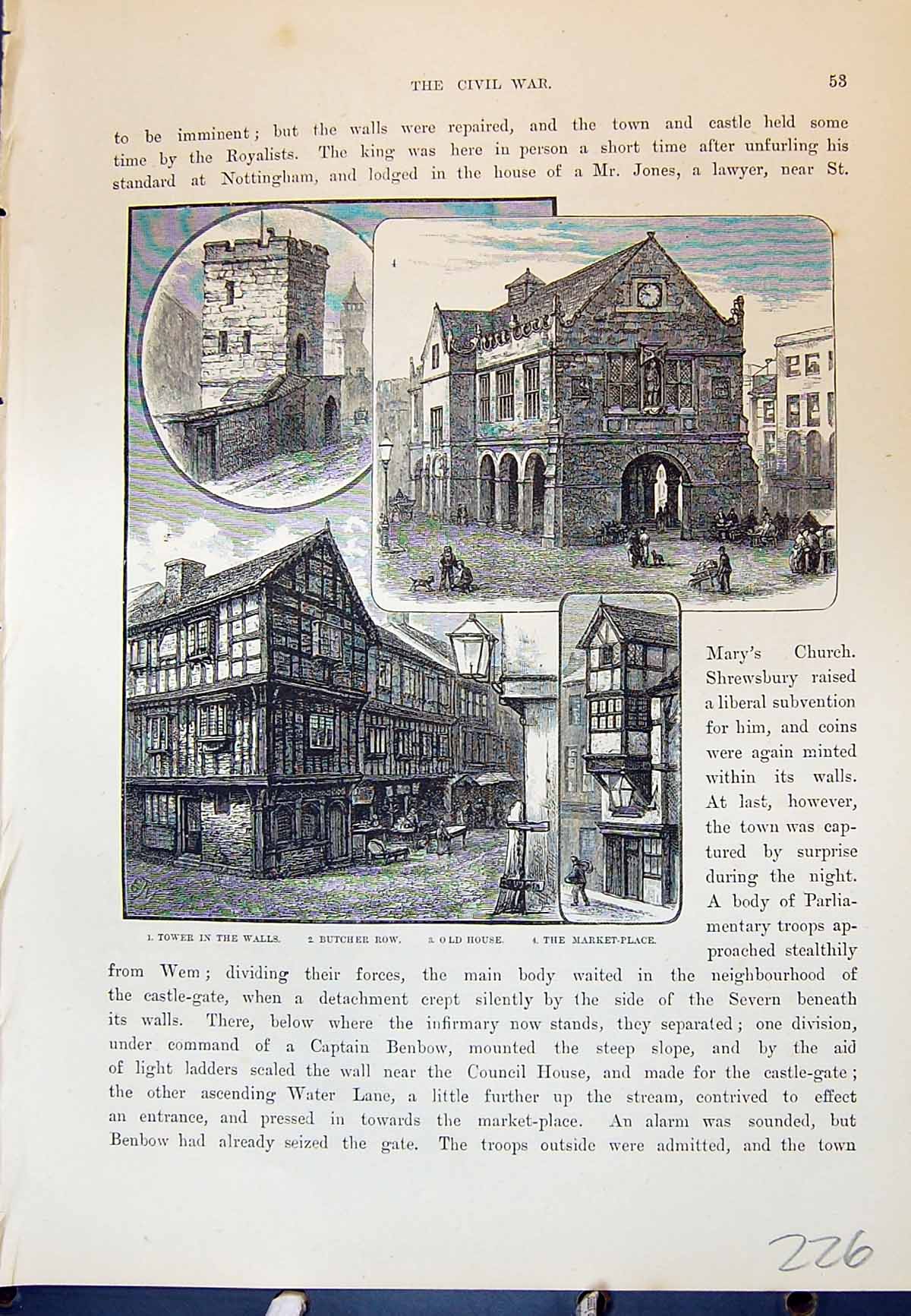 Old Tower Walls Butcher Row Market Place Map Shrewsbury Cassell C1882 19th