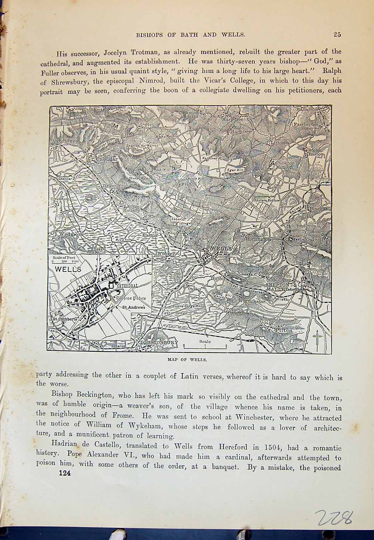 Antique Print Map Wells Cathedral Glastonbury Cross Cheddar Cassell C1882 19th