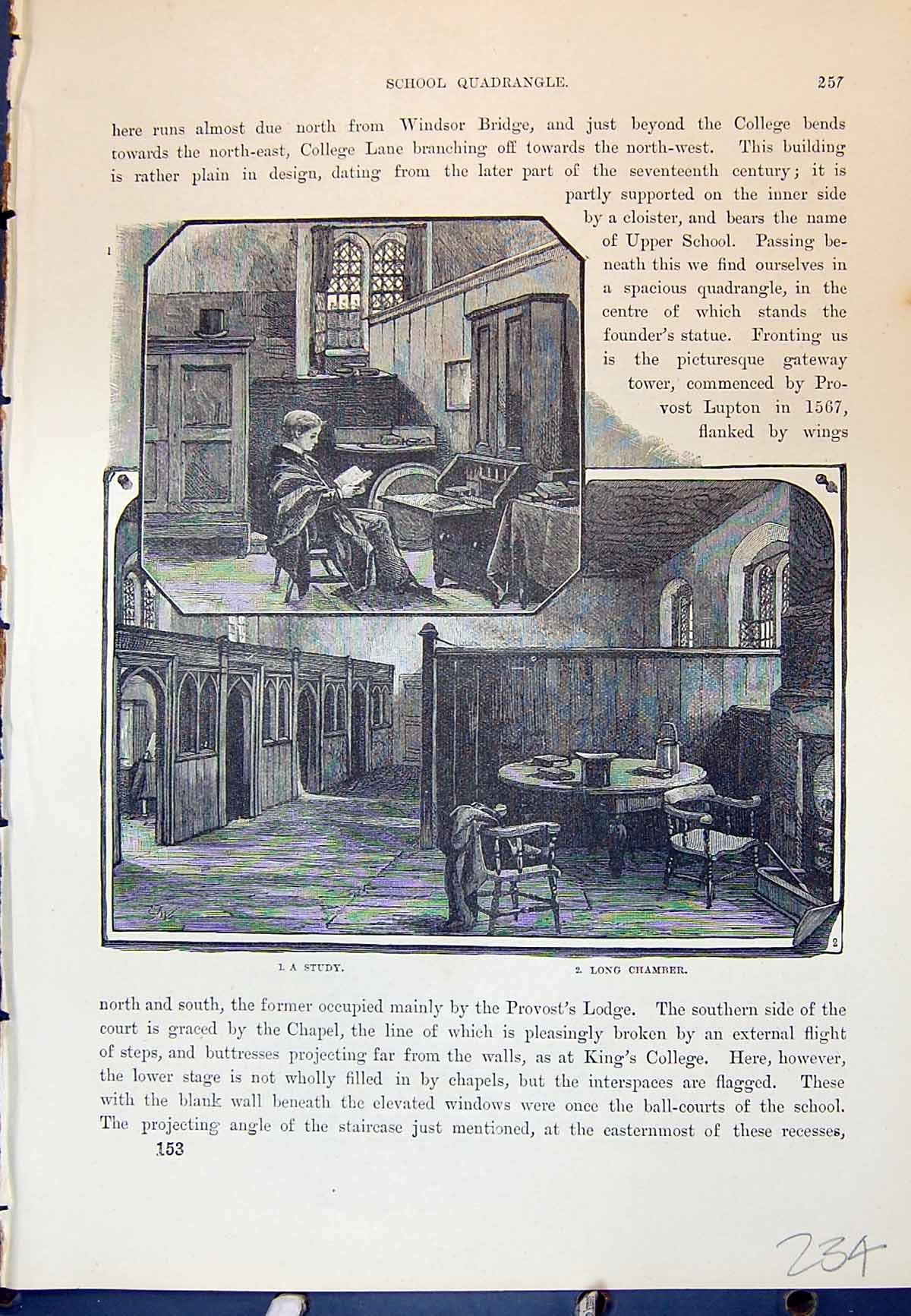 Original Old Antique Print Study Long Chamber School Quadrangle Cassell C1882