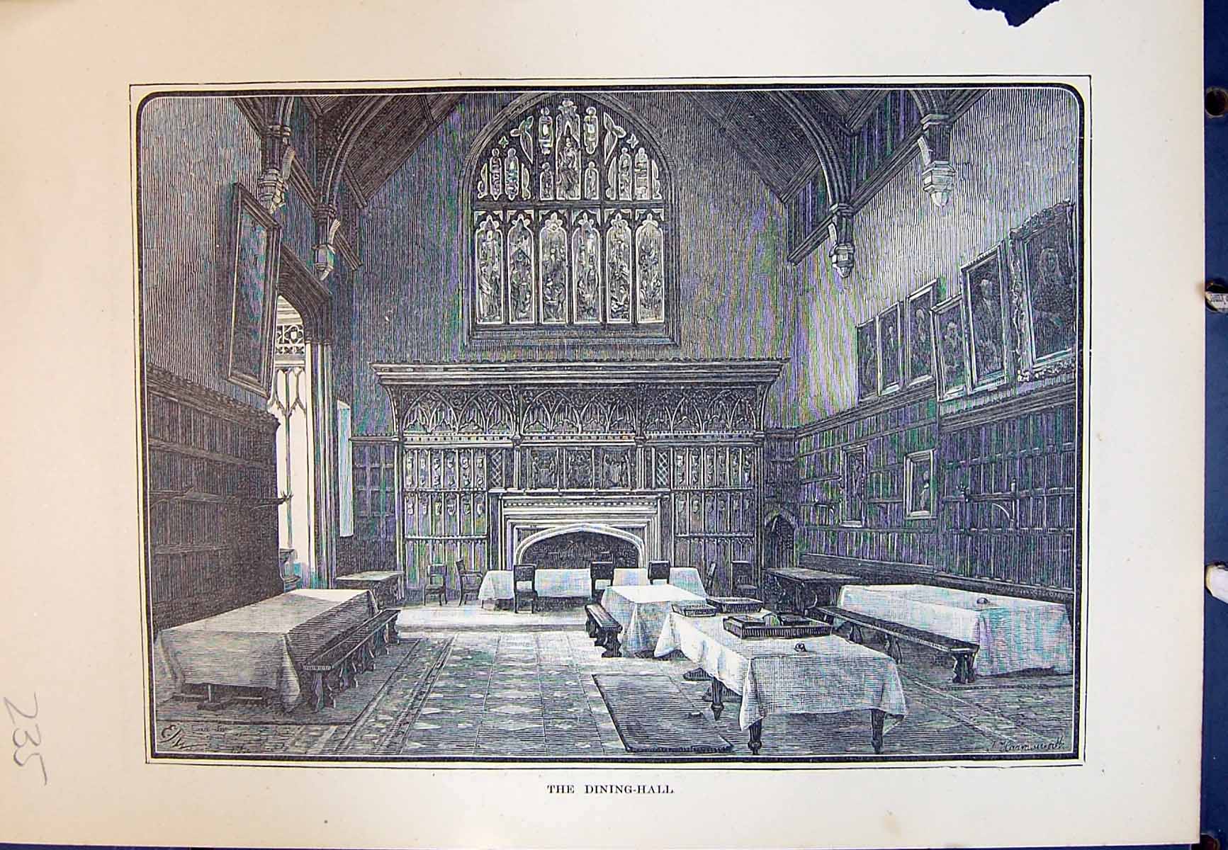 Original Old Antique Print Interior Dining Hall Eton College Cassell C1882 19th
