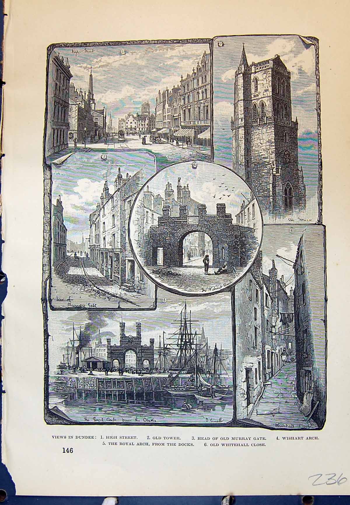 Antique Old Print Dundee Scotland Murray Whitehall Wishart Arch Cassell C1882