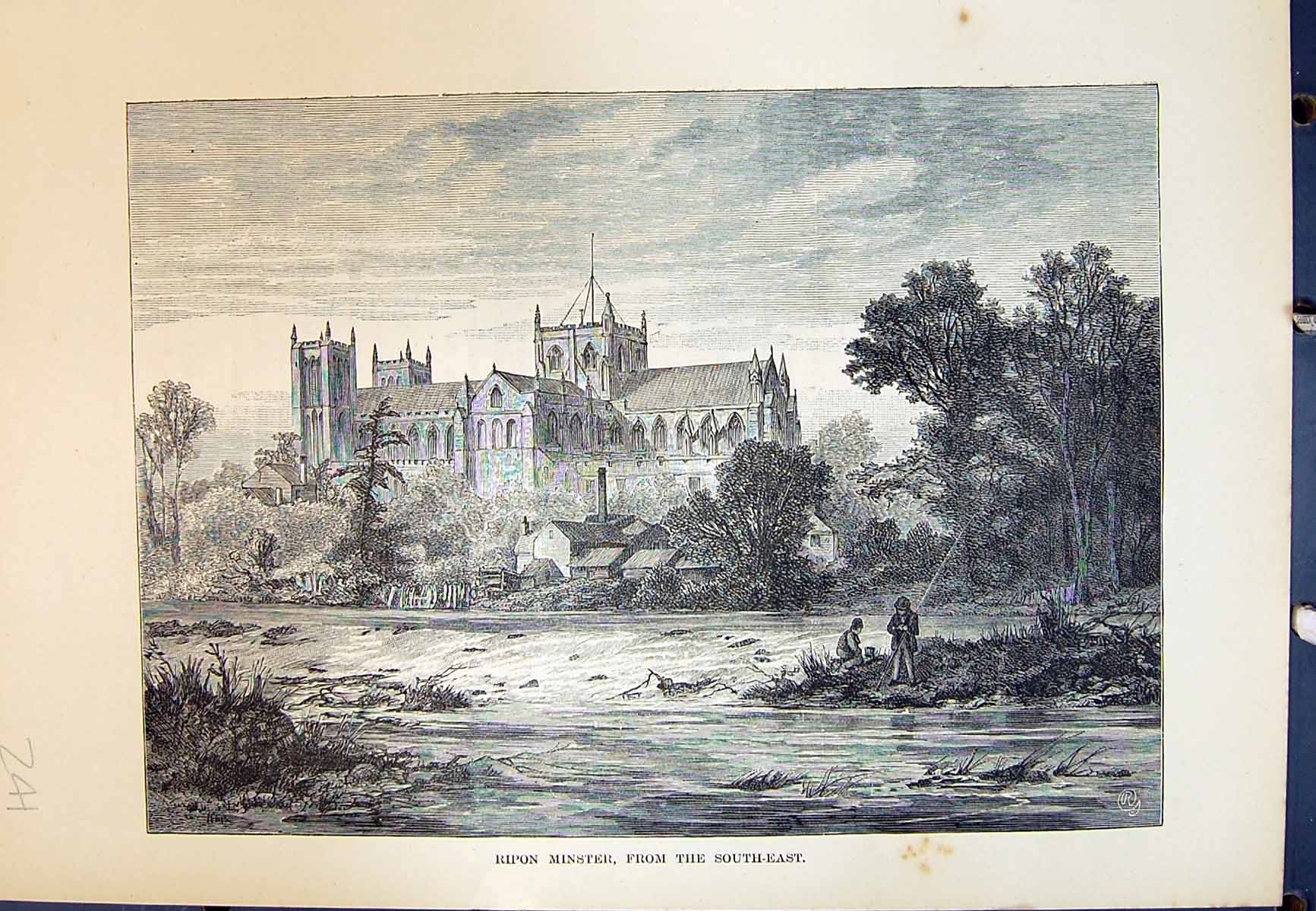 Old Antique Print Exterior Ripon Minster River Men Fishing Cassell C1882 19th
