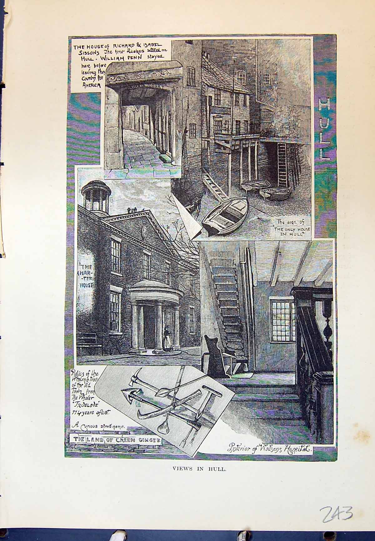 Old Print View Hull Green Ginger William Penn Charter House Cassell C1882 19th