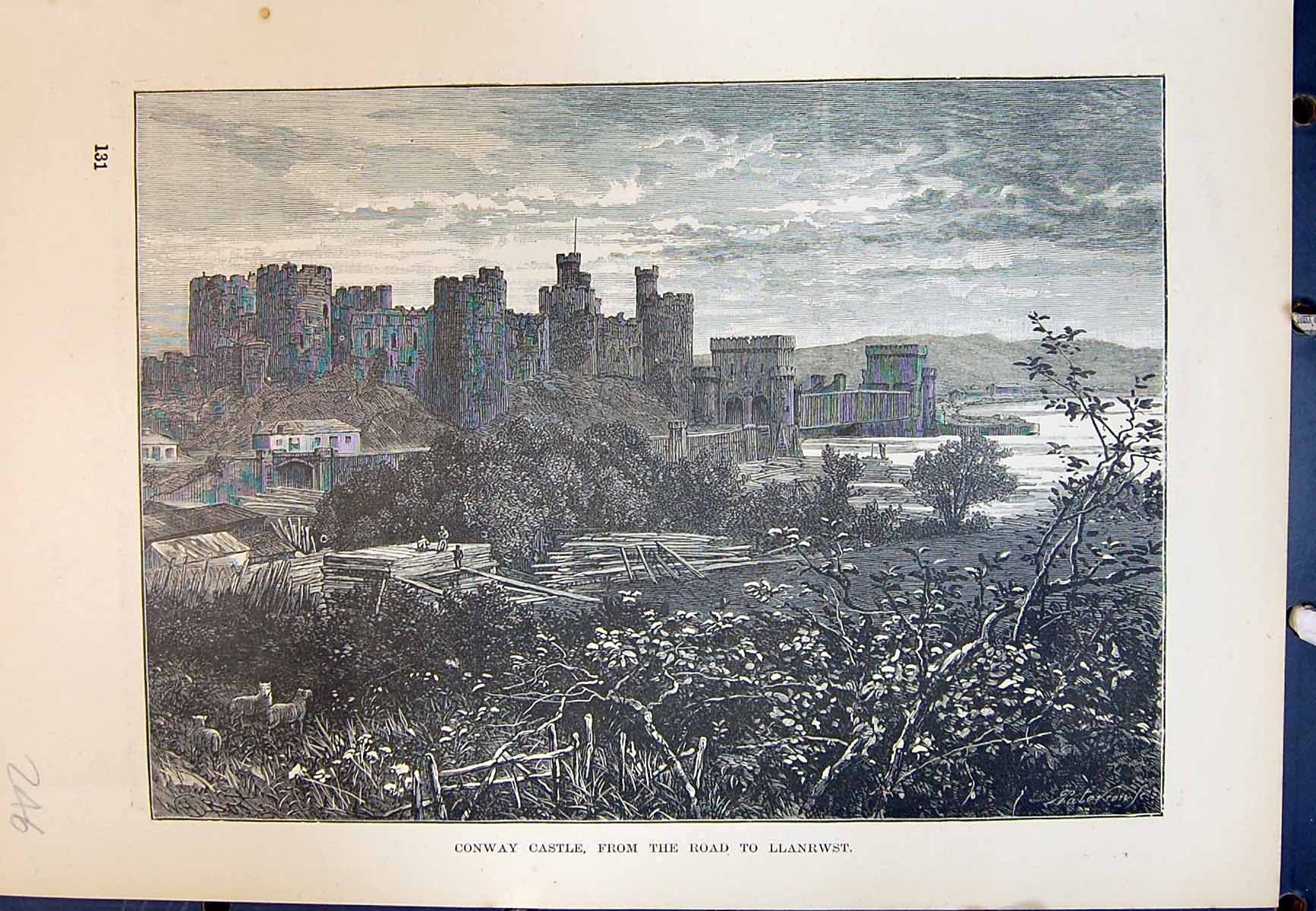 Original Old Antique Print Conway Castle Llanrwst Architecture Cassell C1882