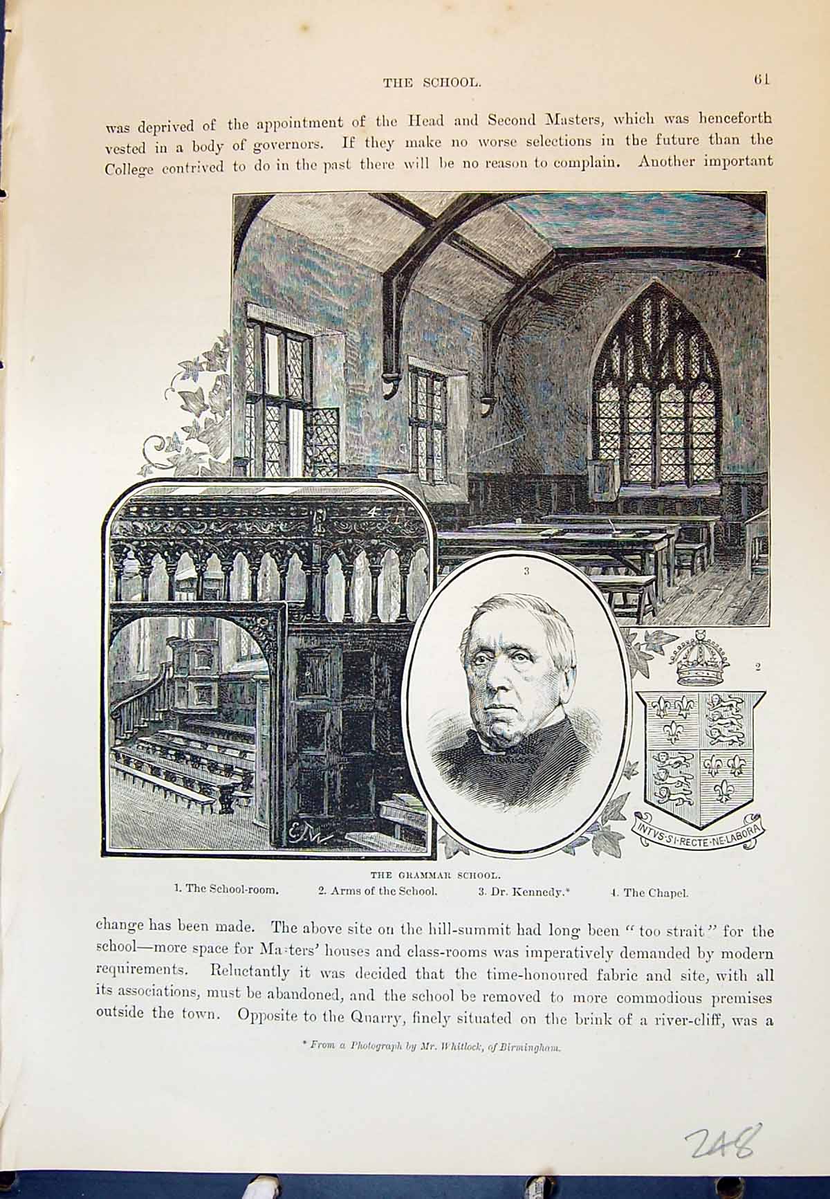 Original Old Antique Print Grammar School Dr. Kennedy Chapel Arms Cassell C1882