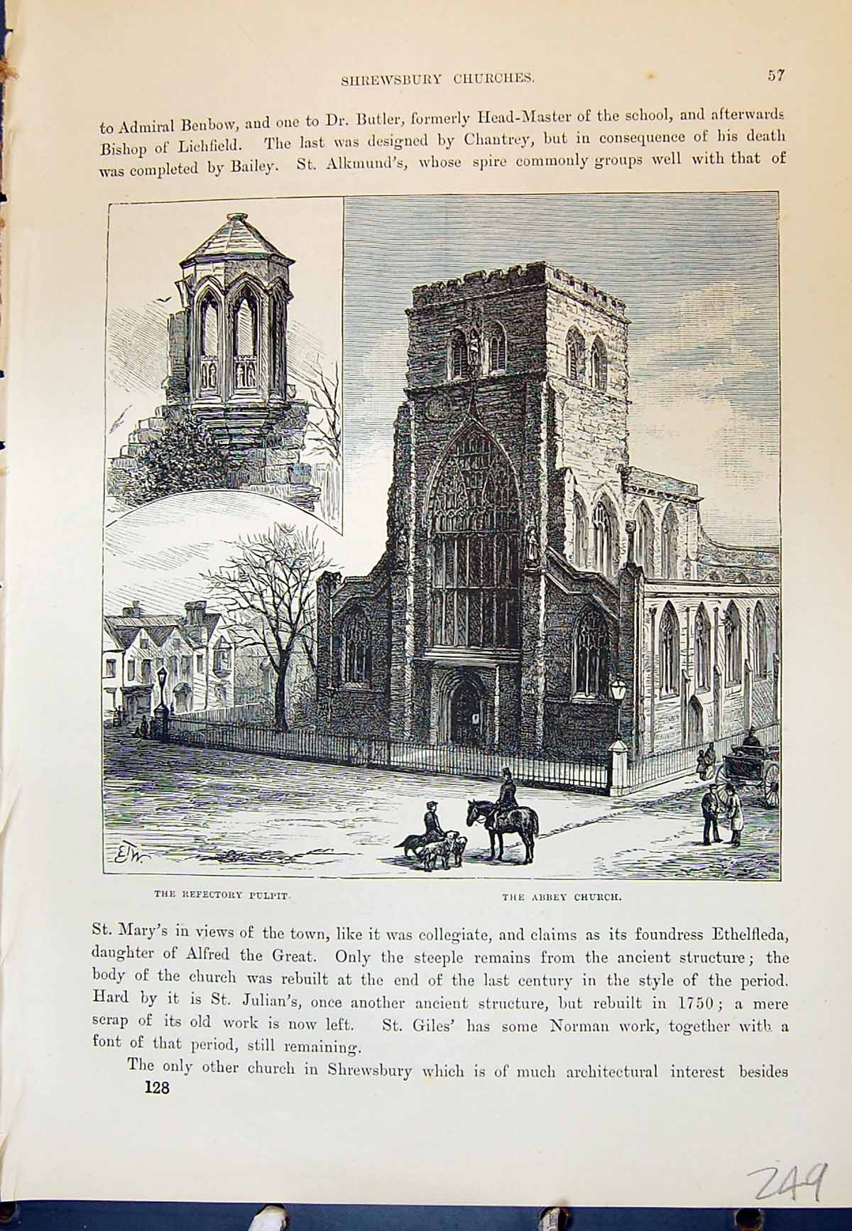 Old Antique Print Abbey Church Shrewsbury Refectory Pulpit Cassell C1882 19th