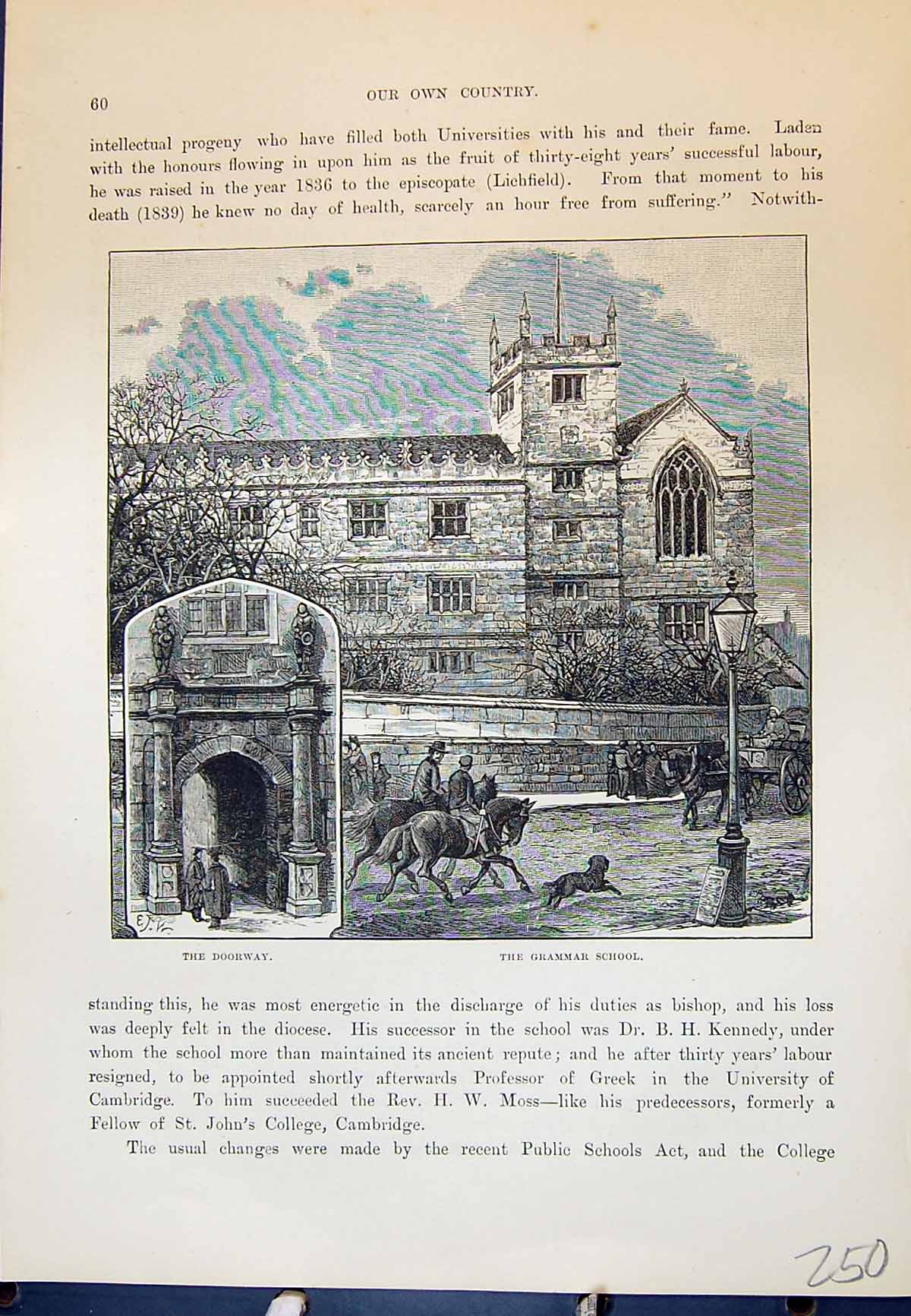 Original Old Antique Print Grammar School Doorway Architecture Cassell C1882