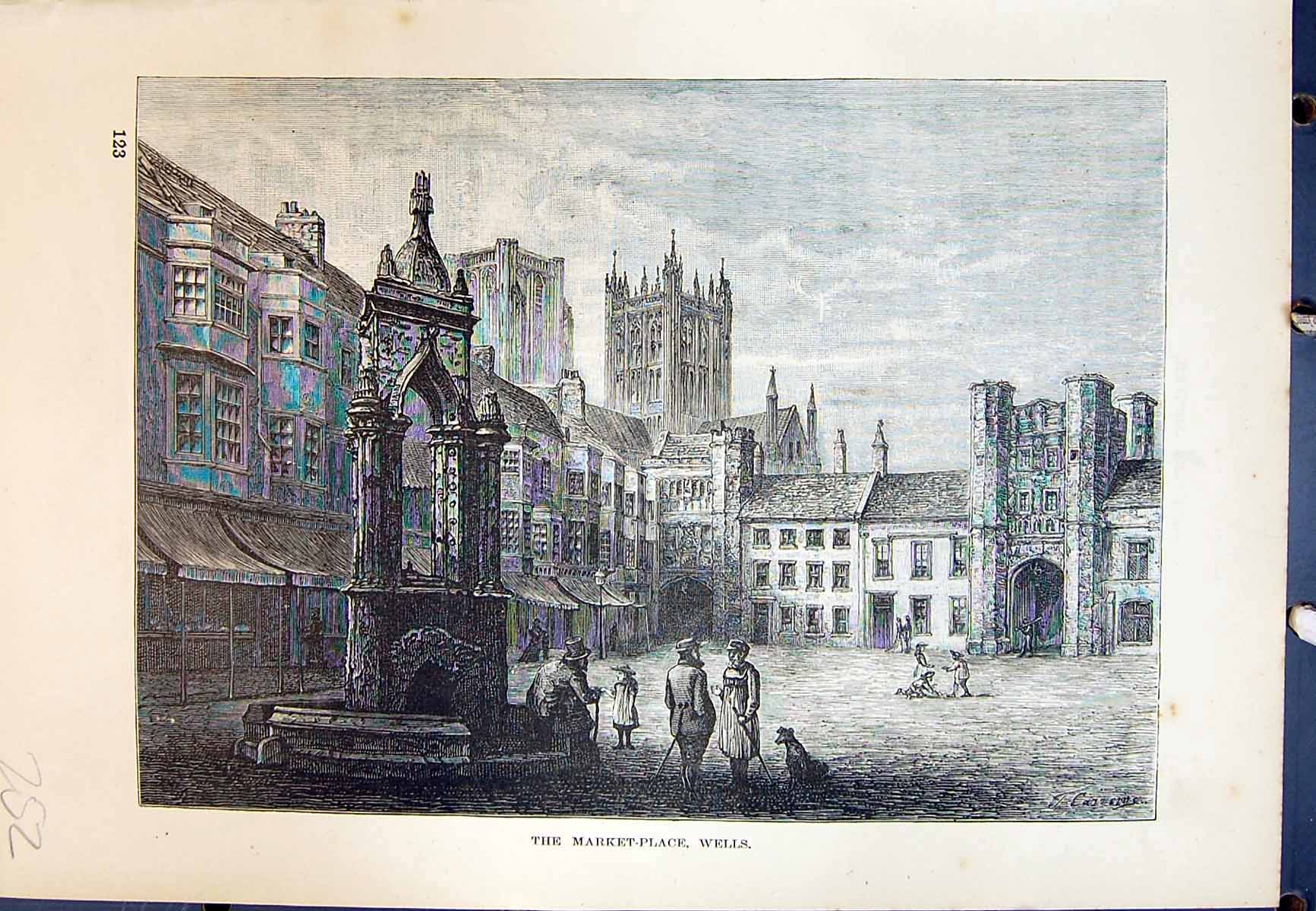 Original Old Antique Print Market Place Wells Architecture Cassell C1882 19th