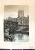 Original Old Antique Print Fountains Abbey Ruins Architecture Cassell C1882
