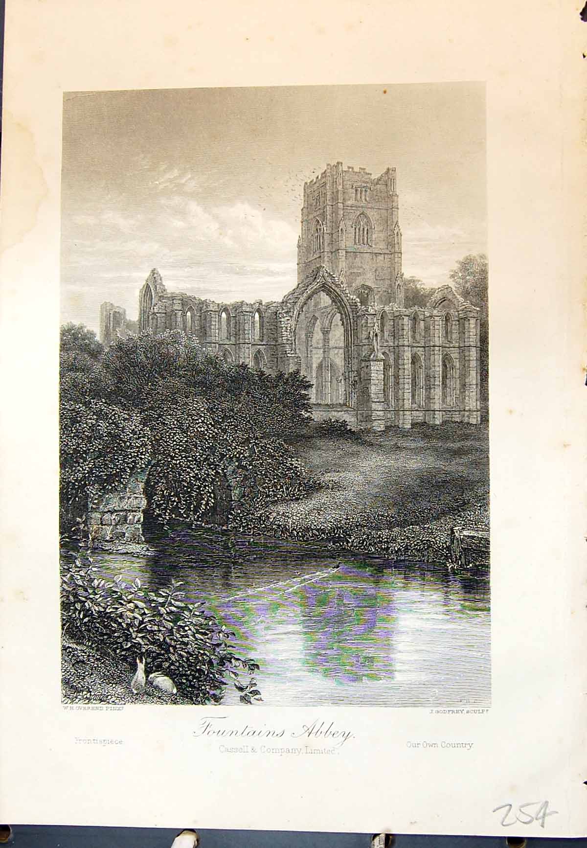Original Old Antique Print Fountains Abbey Ruins Architecture Cassell C1882
