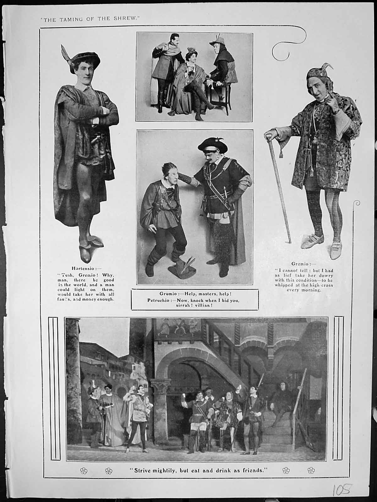 Old Print Taming Shrew Hortensio Grumio Petrchio Gremio Eat Drink Friends