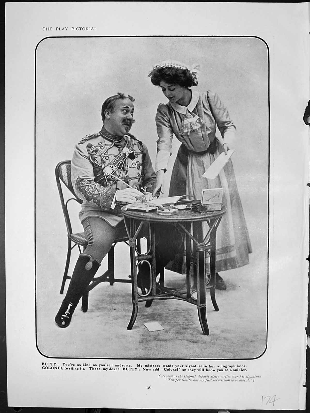 Antique Old Print Lady Madcap Betty Colonel Writing Autograph Book Little Dog
