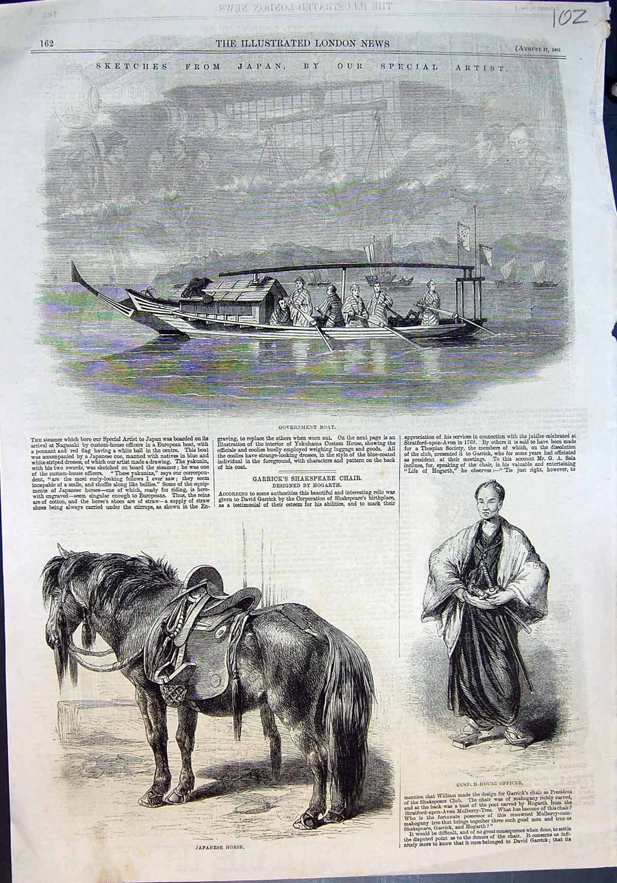 Old Print Japan Government Boat Custom House Officer Japanese Horse 1861 19th