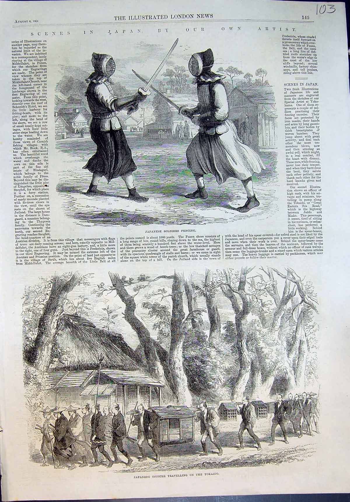 Old Antique Print Japanese Siers Fencing Officer Travelling Tokaido 1861 19th