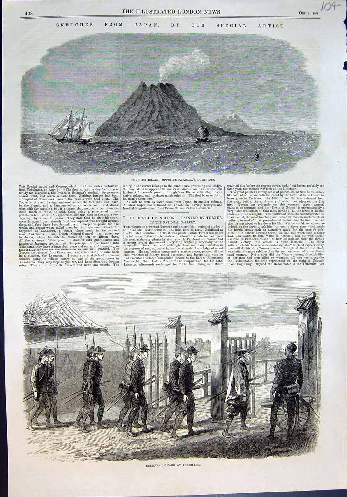 Antique Old Print Japan Sulphur Island Satzumas Dominions Guard Yokohama 1863