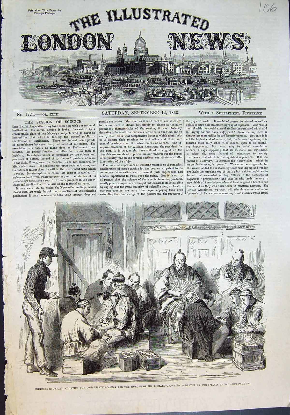 Antique Old Print Japan Counting Compensation Money Murder Mr Richardson 1863