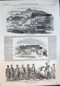 Antique Old Print Japan Landing Place Nagasaki Governors House Costumes 1855