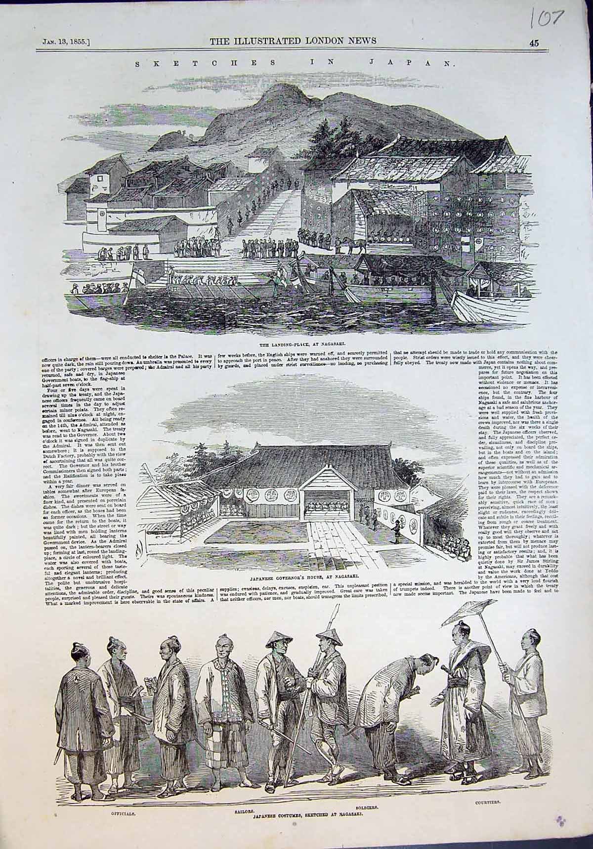 Antique Old Print Japan Landing Place Nagasaki Governors House Costumes 1855
