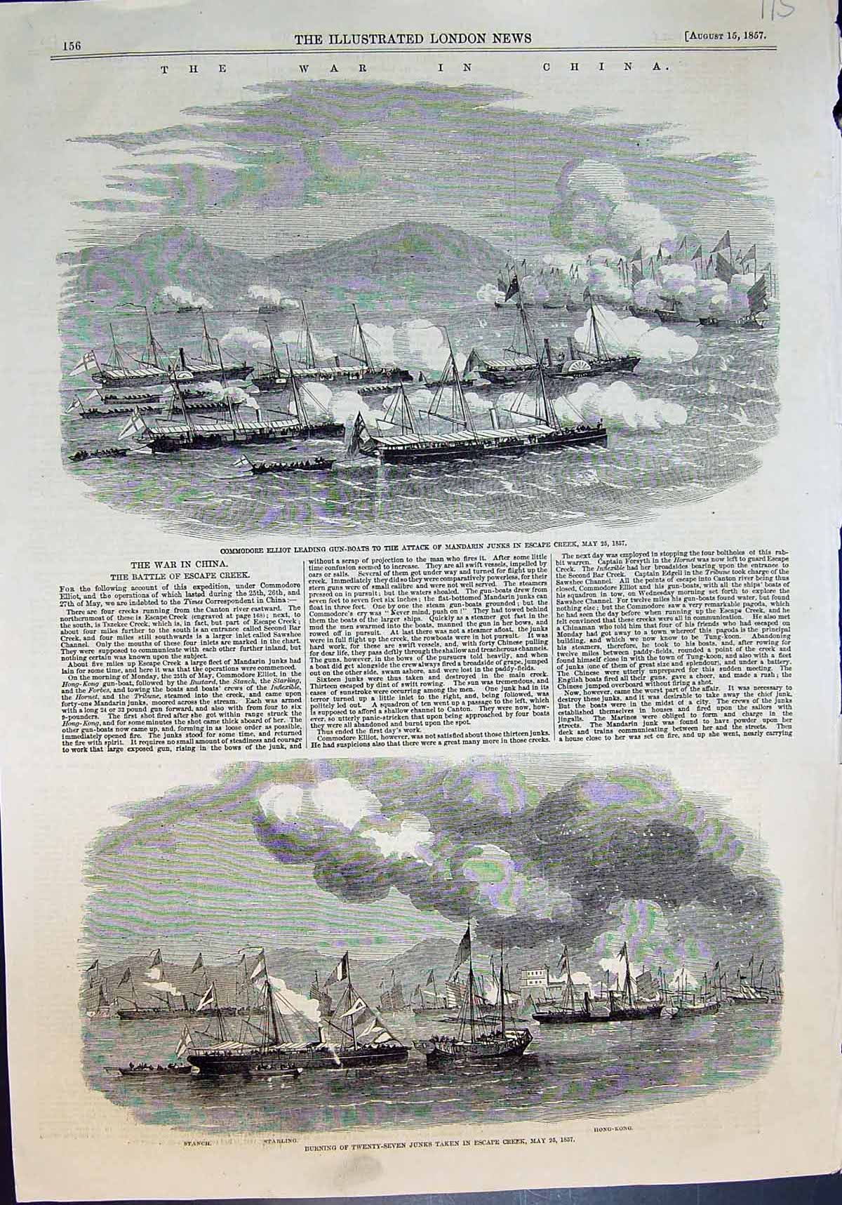 Old War China Commodore Elliot Gun Boats Attack Junks Escape Creek185 Victorian