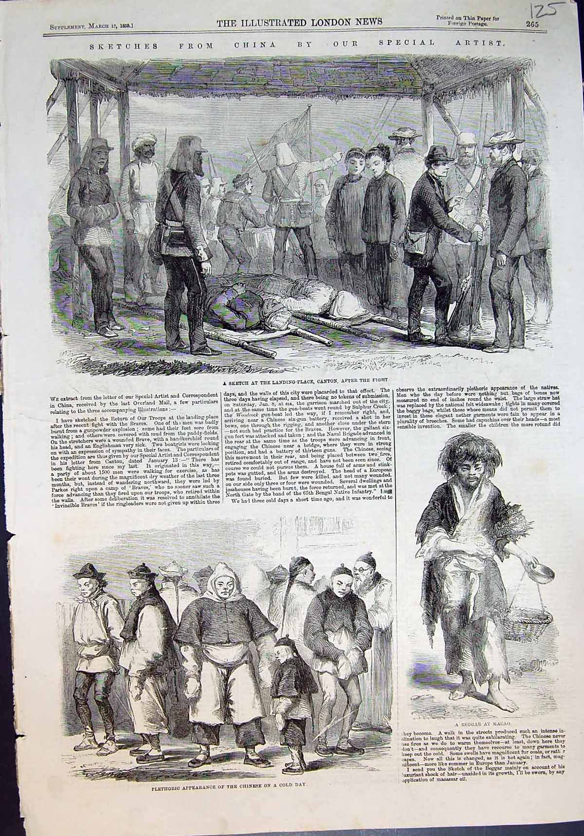 Antique Old Print China Landing Place Canton After Fight Beggar Macao 1859 19th