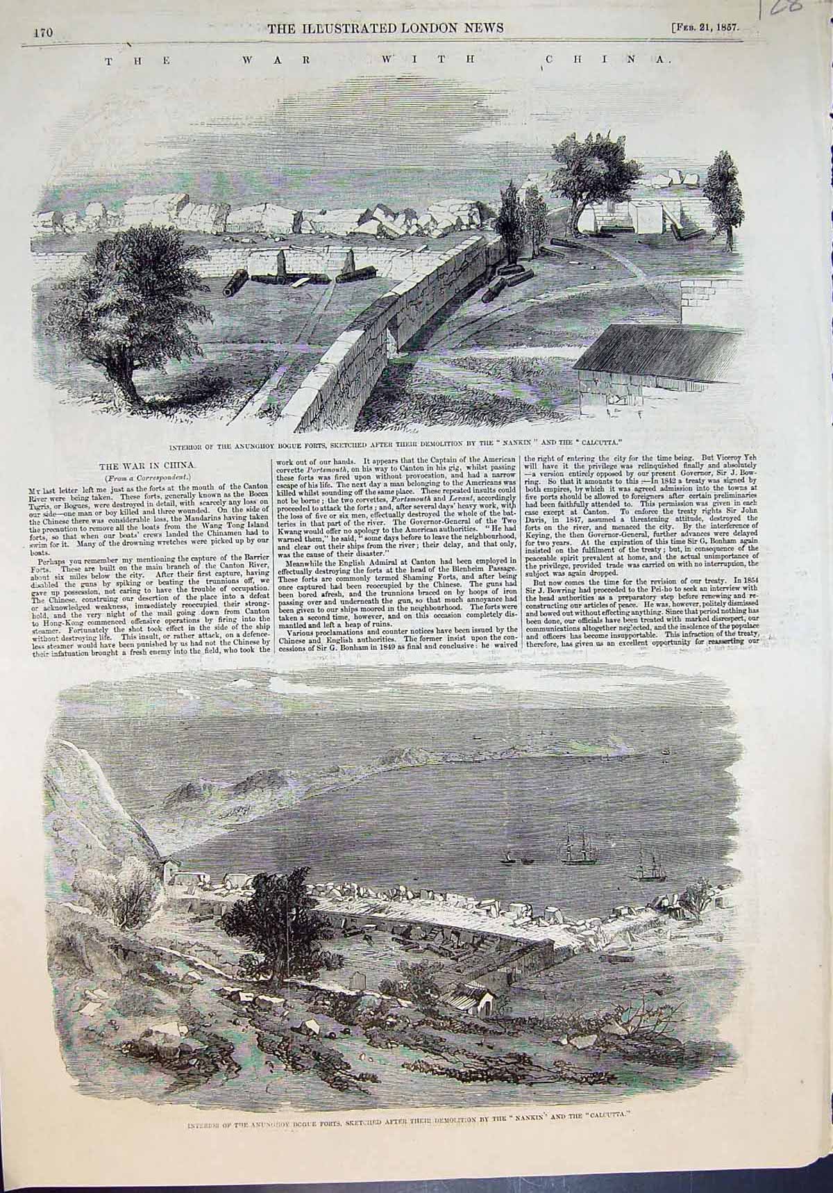 Old Print War China Interior Anunghoy Bogue Forts Demolition Nankin 1857 19th
