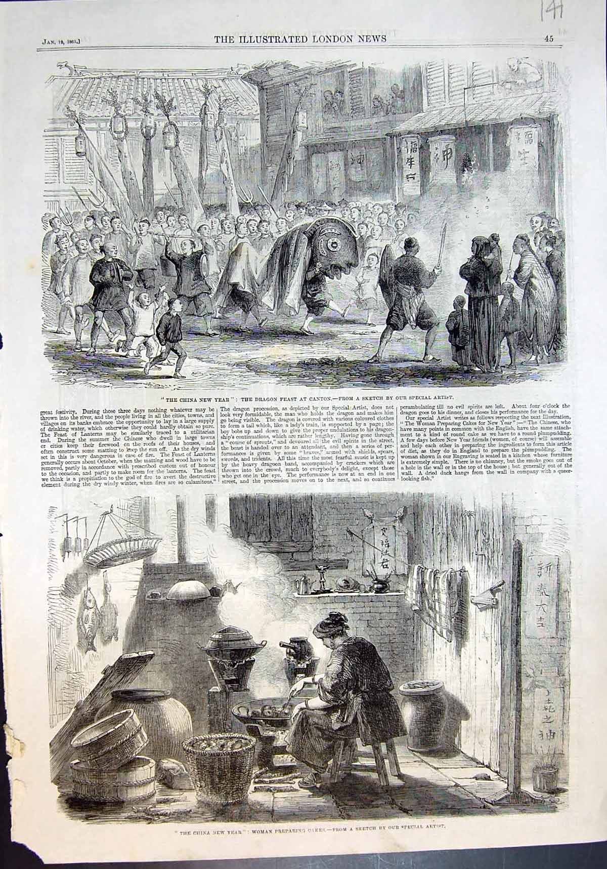Antique Print China New Year Dragon Feast Canton Woman Preparing Cakes 1861