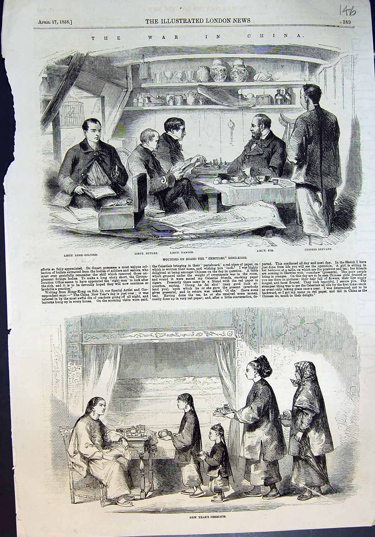 Antique Old Print War China Wounded On Board Hercules New Year Presents 1858