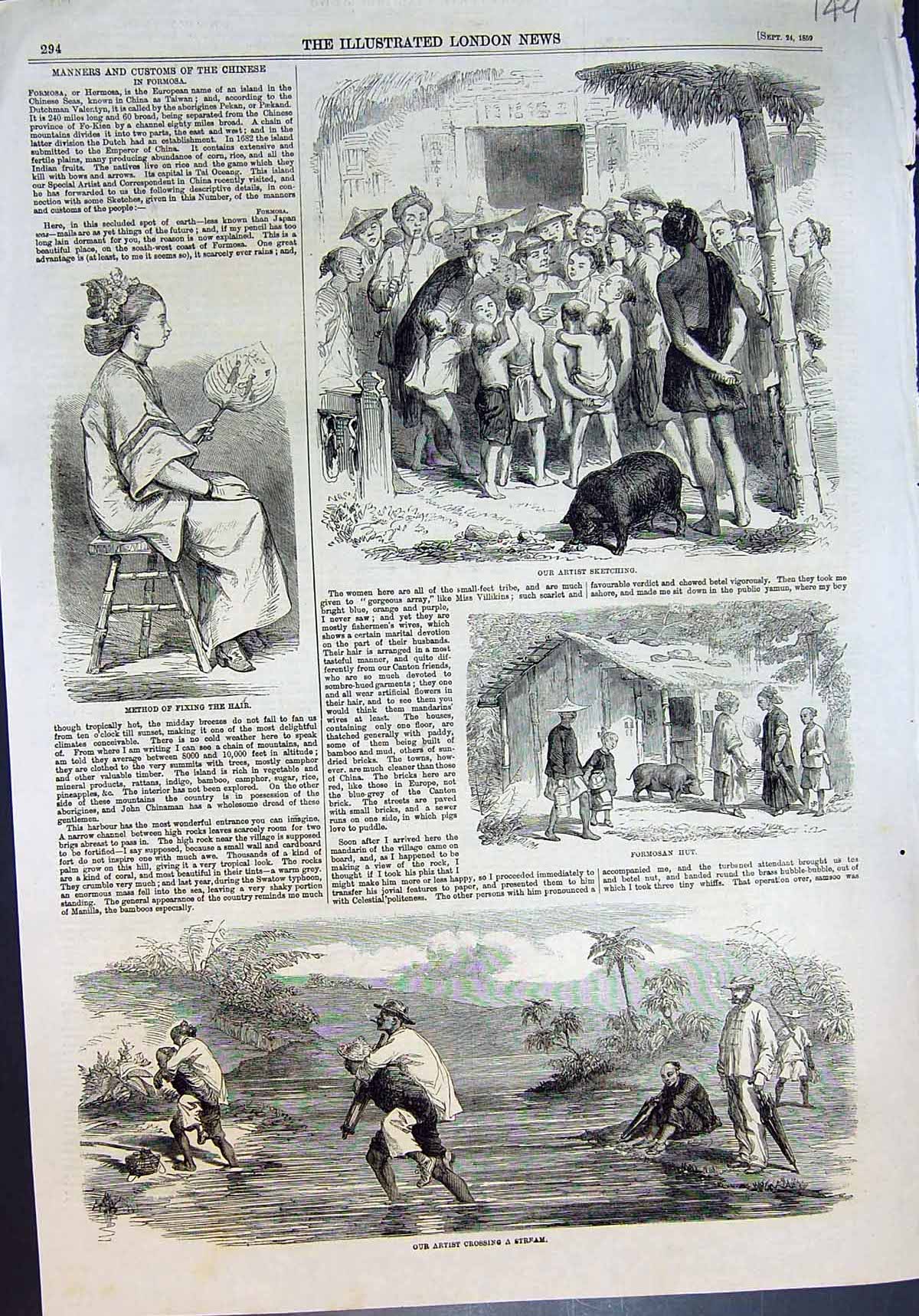 Old Print Chineses Customs Formosan Hut Fixing Hair Crossing Stream 1859 19th