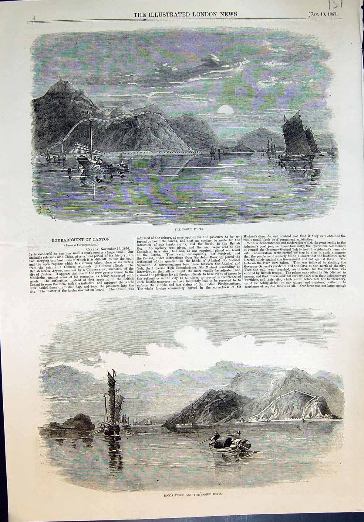 Original Old Antique Print Bombardment Canton Bogue Forts Bocca Tigris 1857