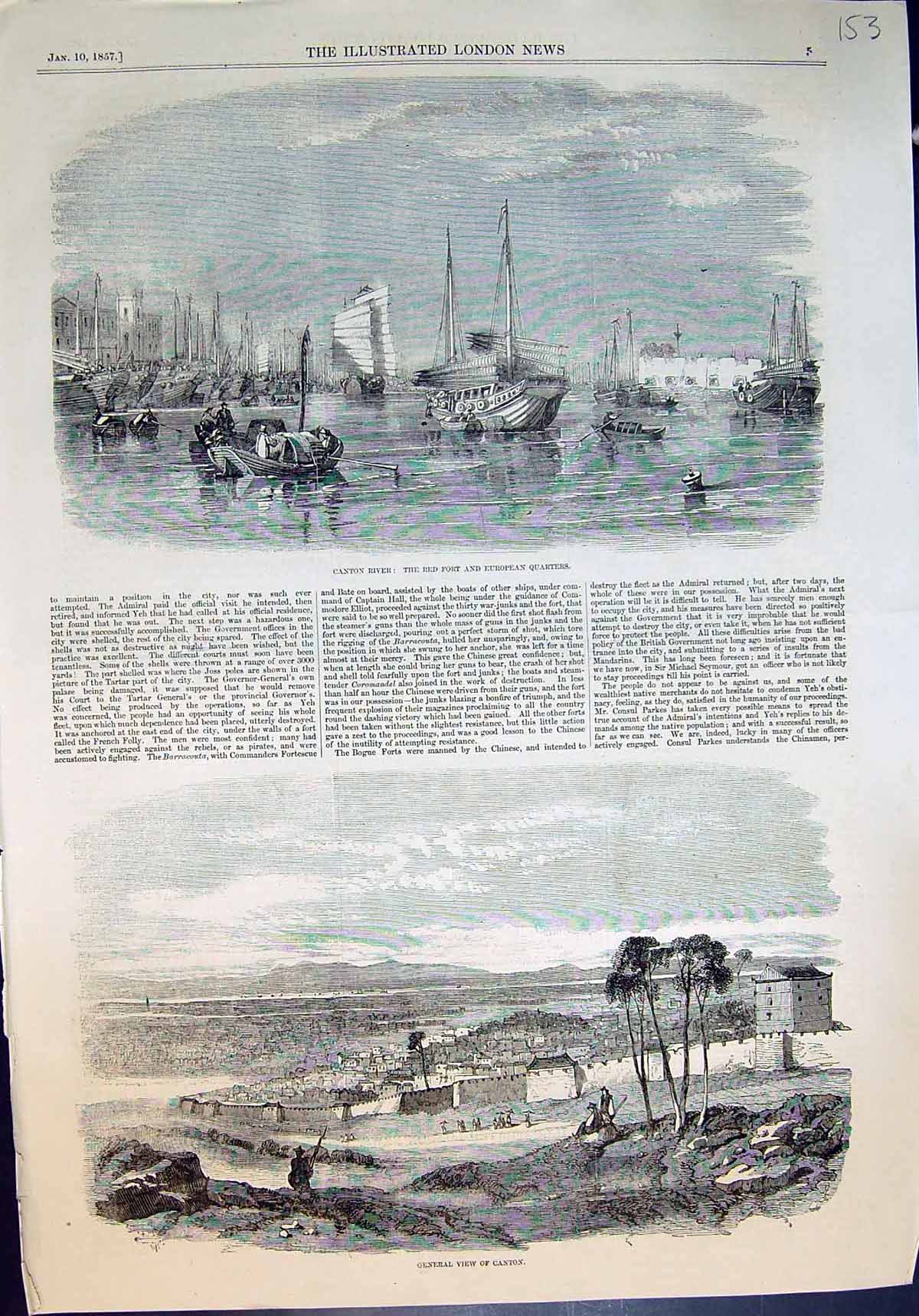 Antique Old Print General View Canton River Red Fort European Quarters 1857