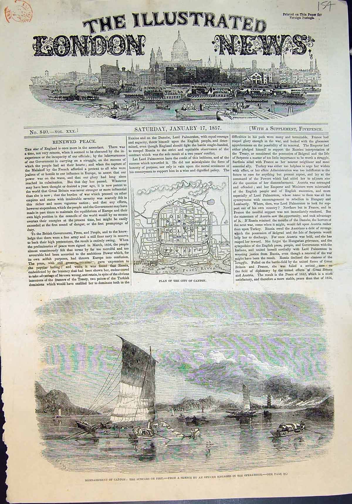 Antique Old Print Plan City Canton Bombardment Canton Suburbs On Fire 1857 19th