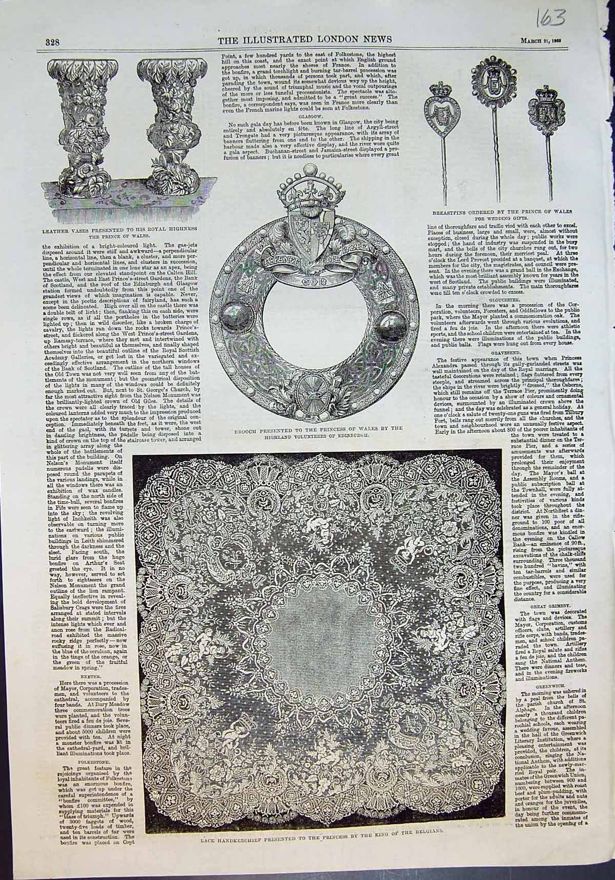Antique Old Print Presents Royal Marriage Lace Handkerchief Brooch Vases 1863