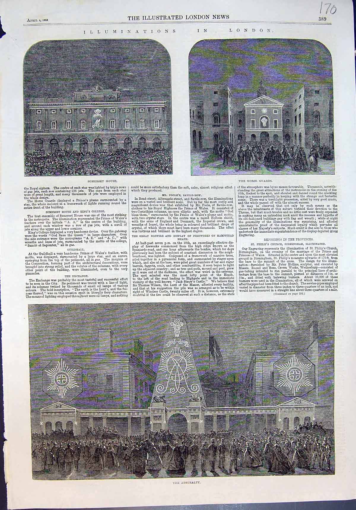 Old Print Illuminations London Somerset House Horse Guards Admiralty 1863 19th