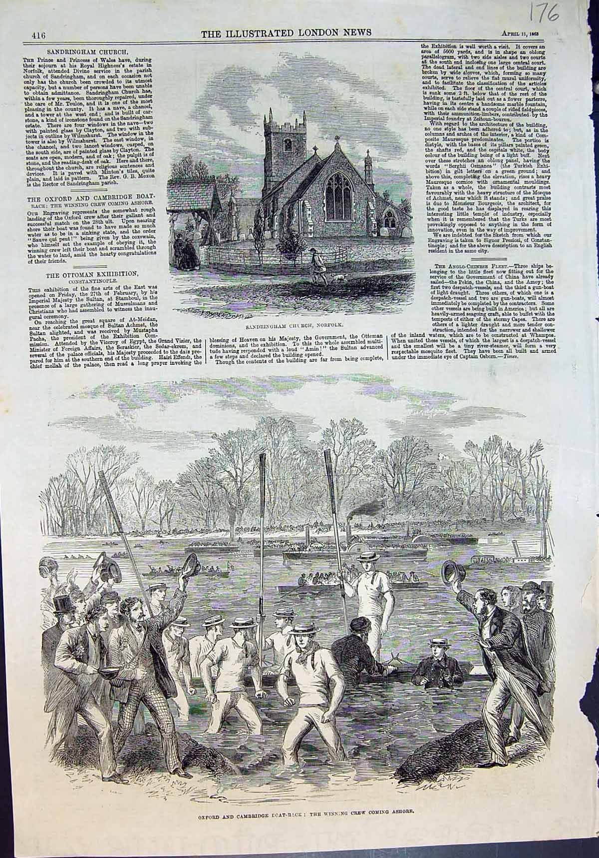 Antique Old Print Sandringham Church Norfolk Oxford Cambridge Boat Race 1863