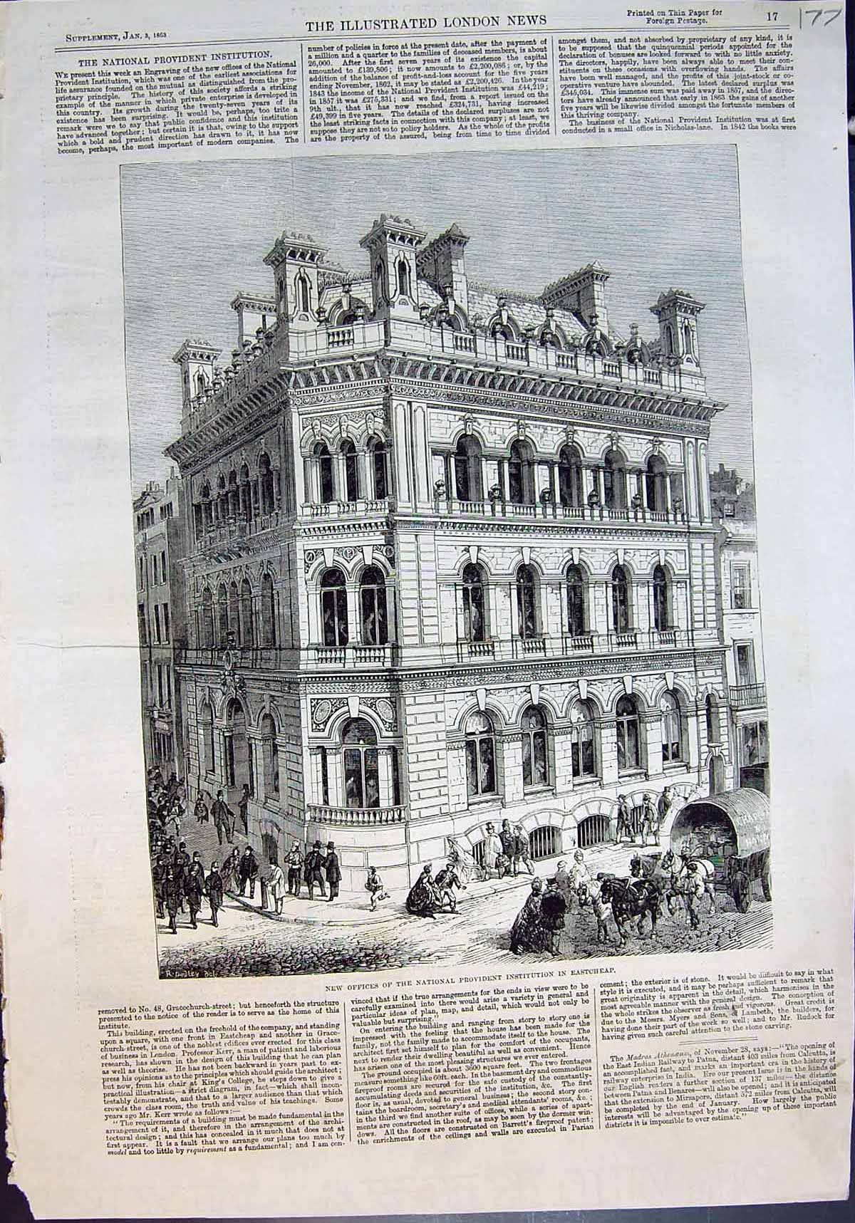 Antique Old Print New Offices National Provident Institution Eastcheap 1863