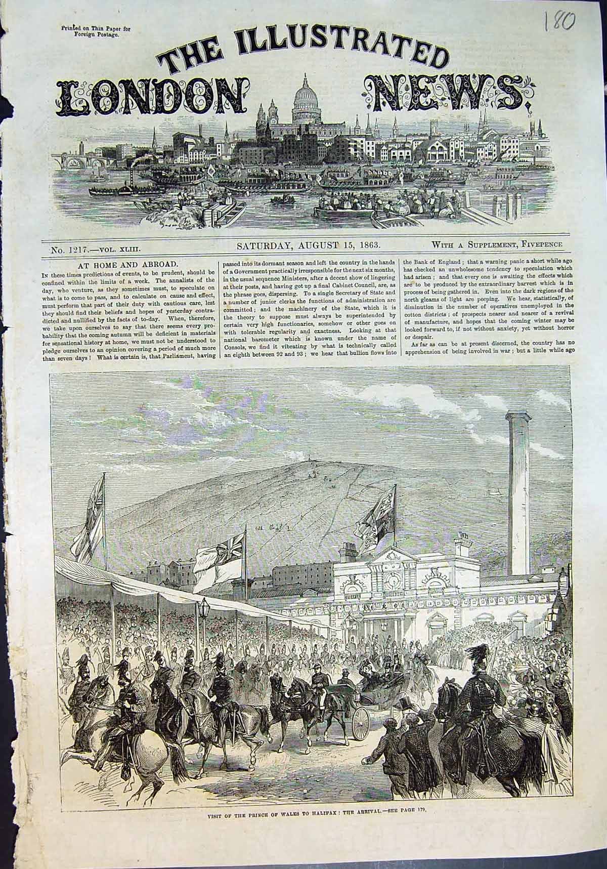 Original Old Antique Print Visit Prince Wales Halifax Arrival Flag Flying 1863